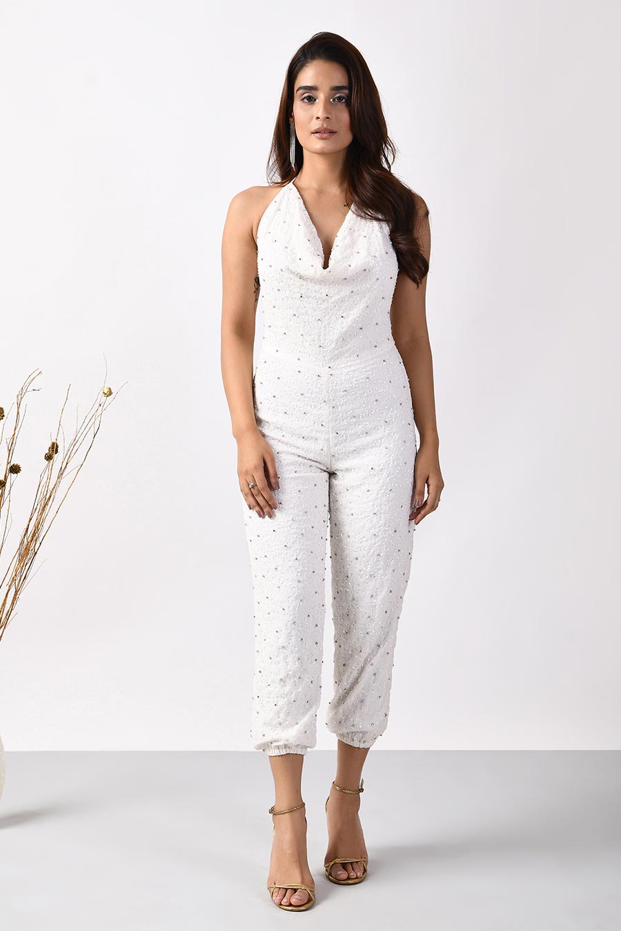 White Sequined Body-Fitted Jumpsuit