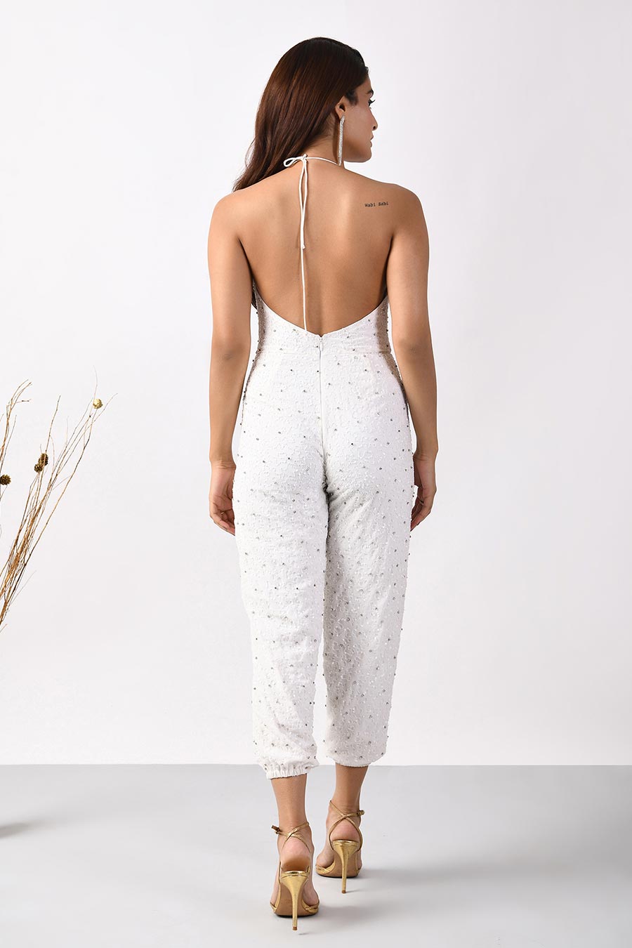 White Sequined Body-Fitted Jumpsuit