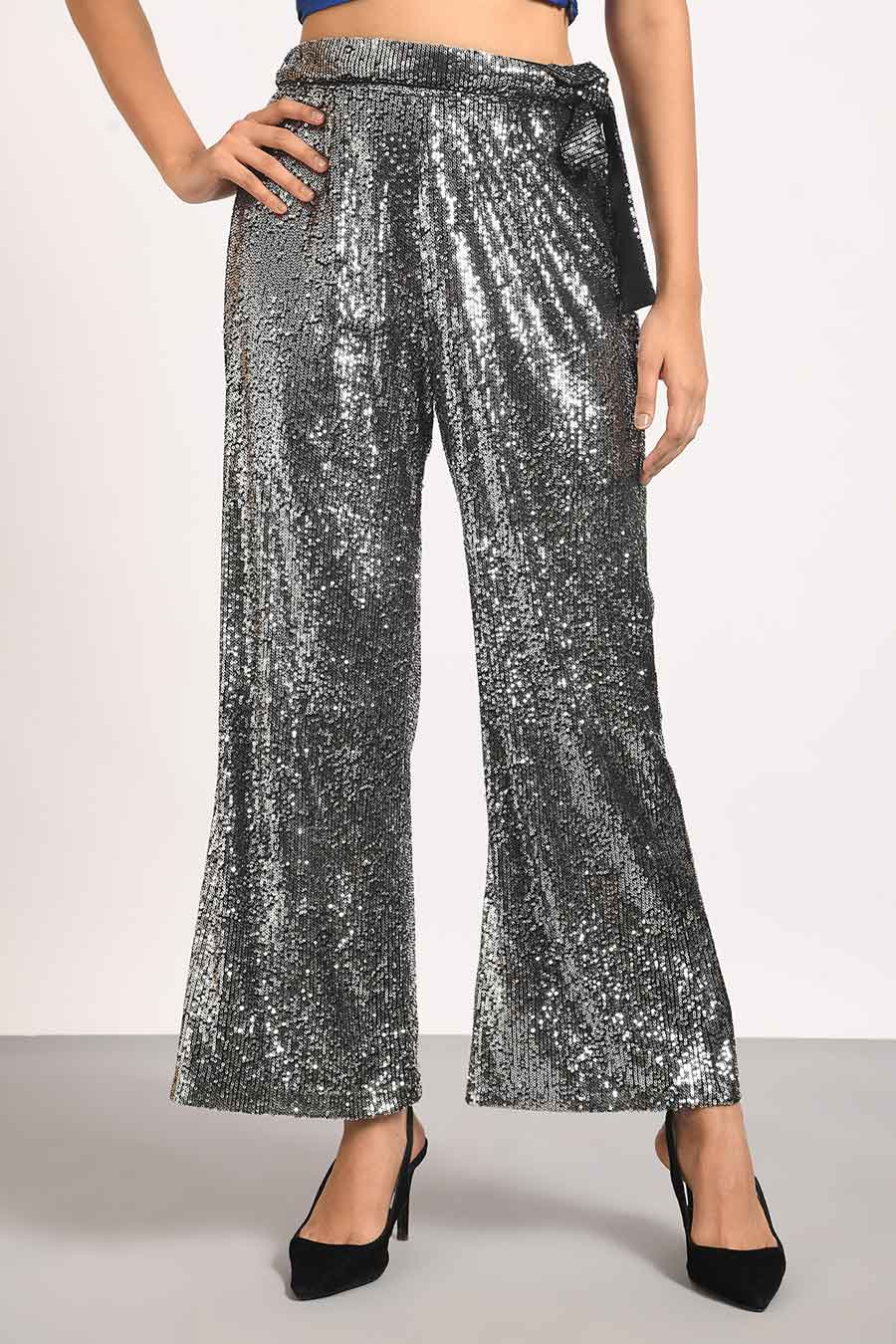 Black Sequined High-Rise Pants