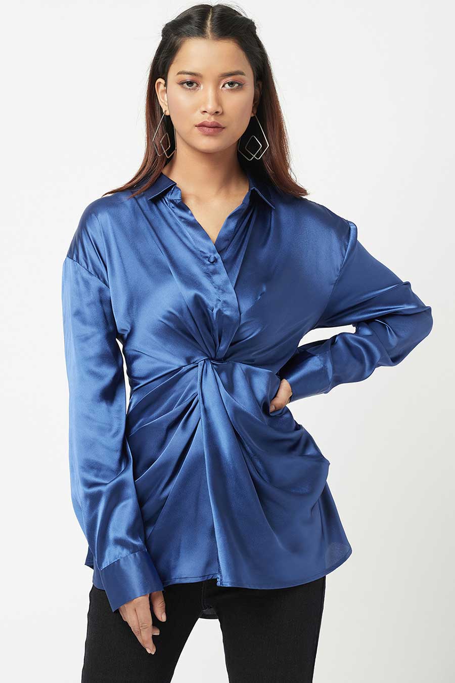 Blue Shiny Satin Knot Shirt