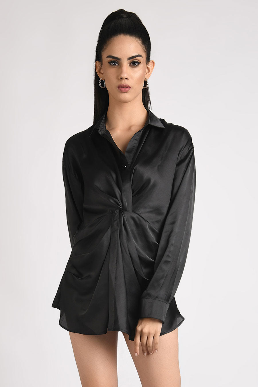 Black Shiny Satin Knot Shirt