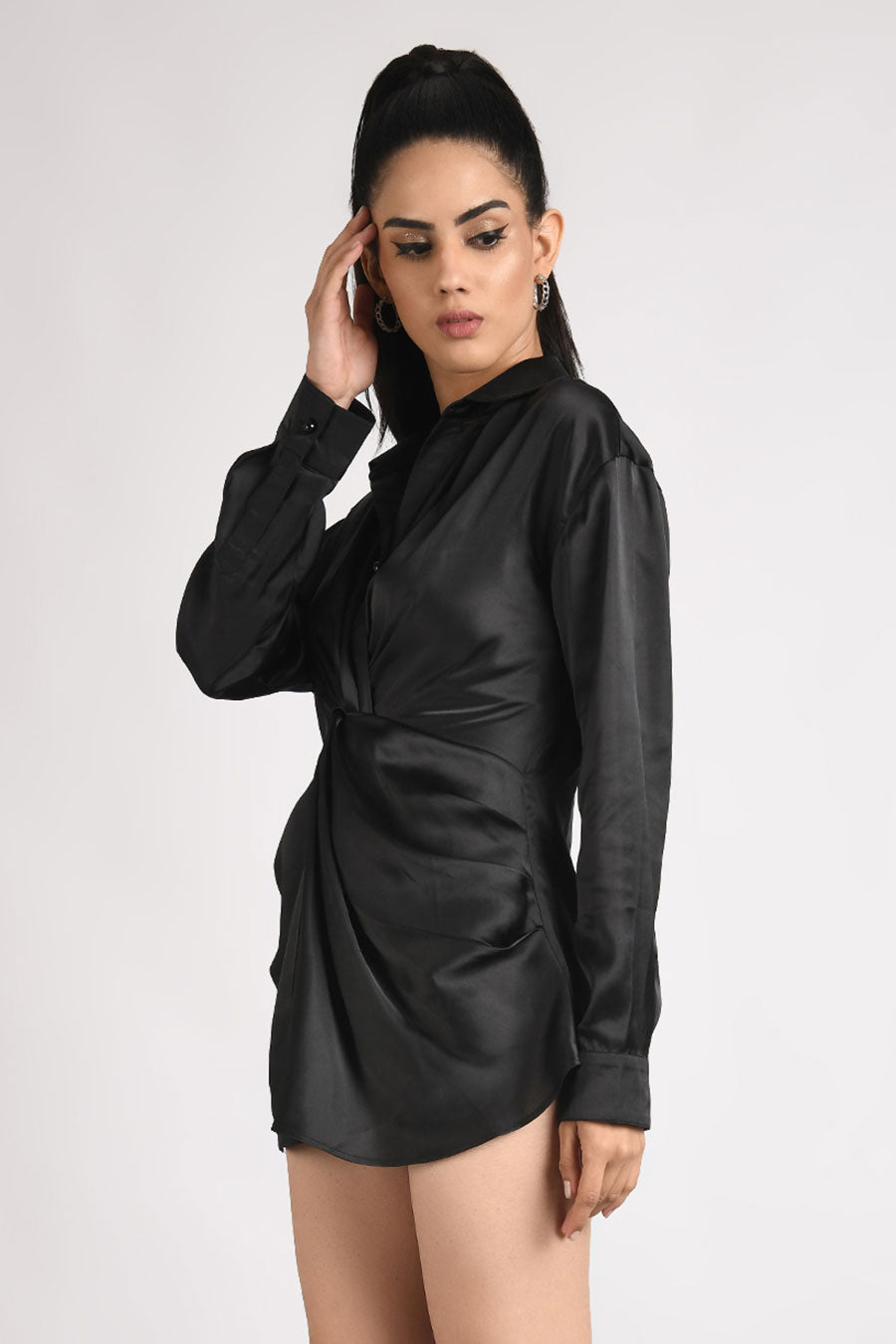 Black Shiny Satin Knot Shirt