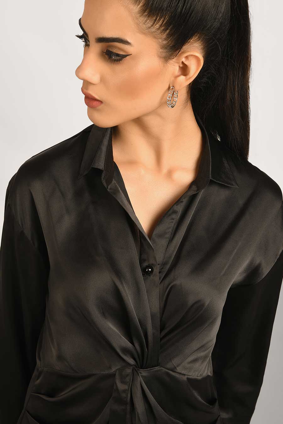 Black Shiny Satin Knot Shirt