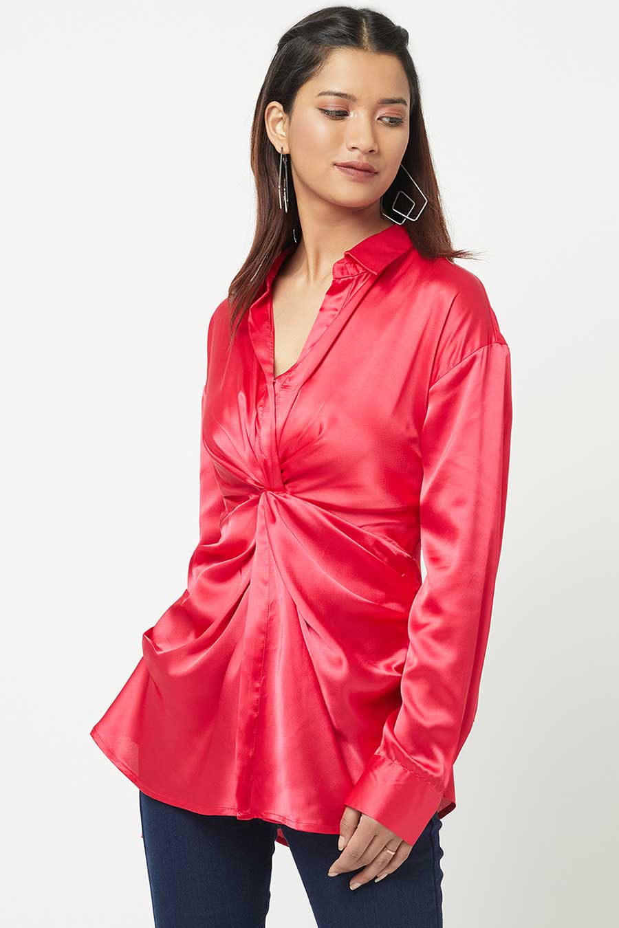 Red Shiny Satin Knot Shirt