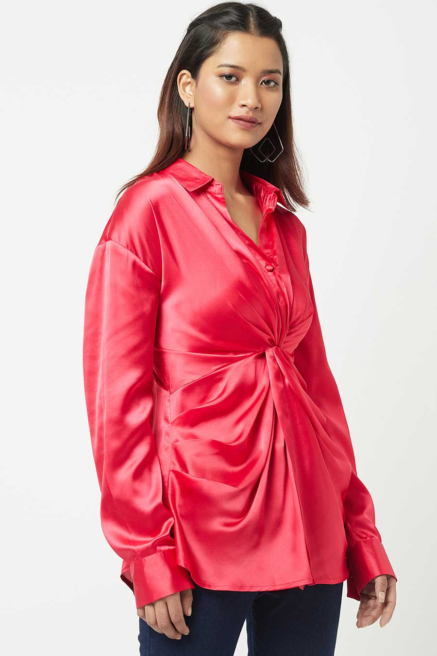 Red Shiny Satin Knot Shirt