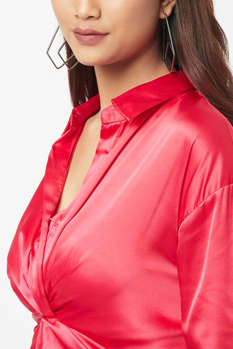 Red Shiny Satin Knot Shirt