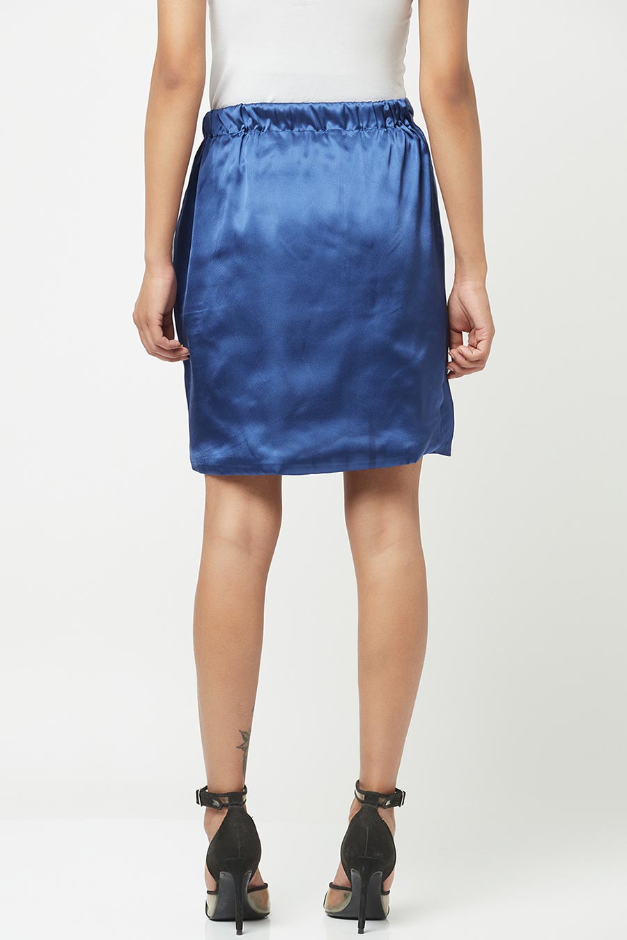 Blue Shiny Satin Pleated Wrap Skirt
