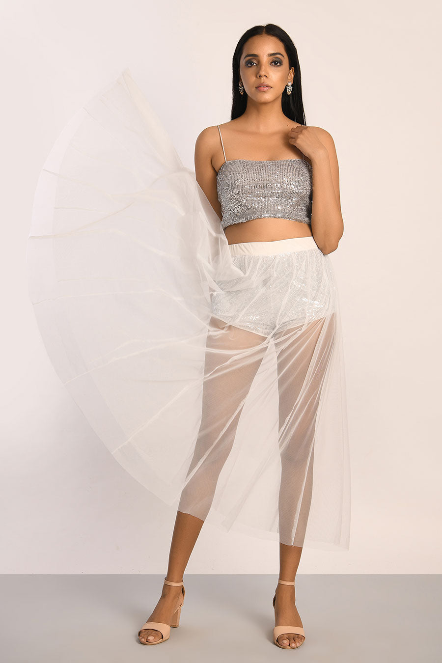 Silver Sequined Shorts With White Tulle Skirt