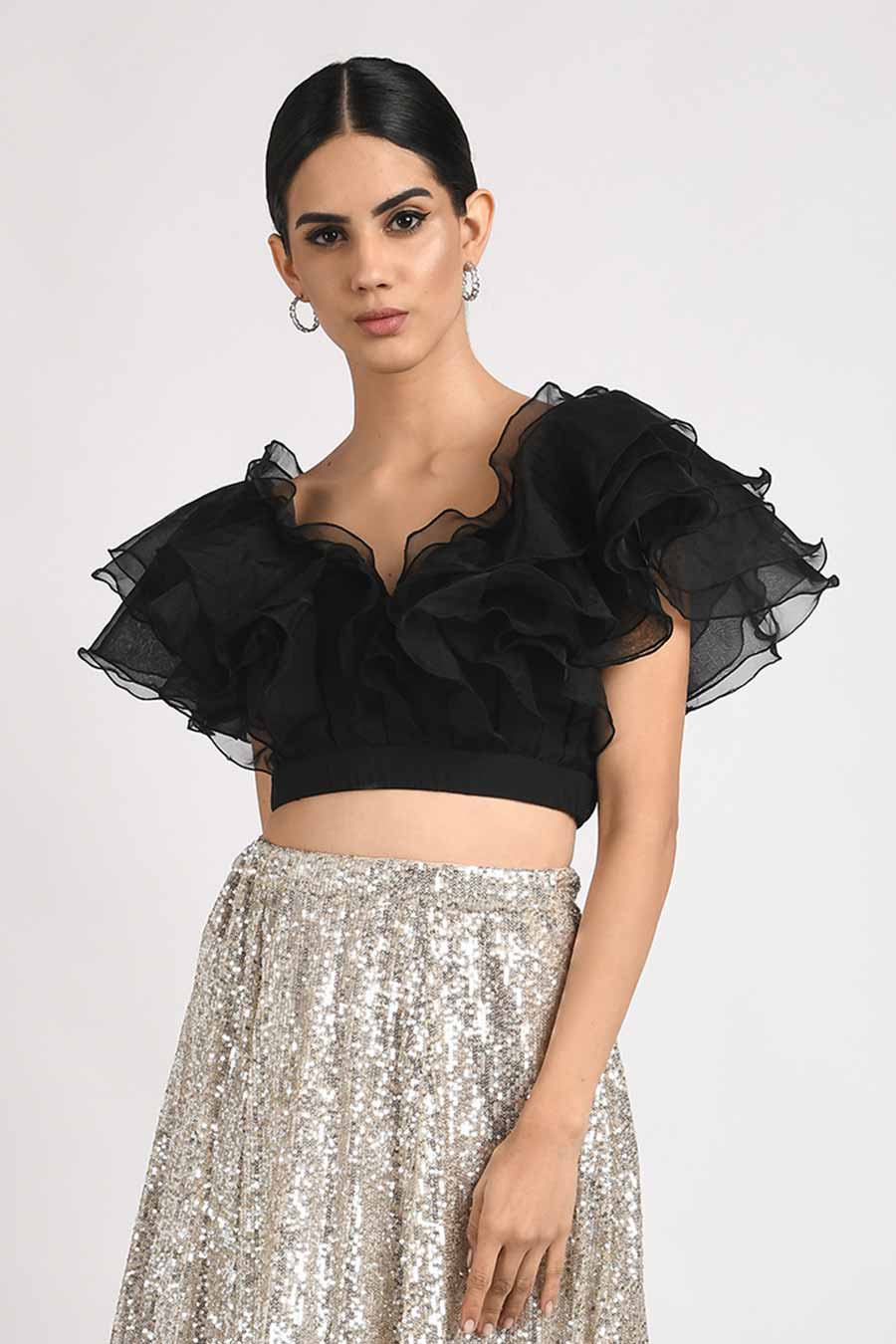 Black Organza Ruffled Crop Top