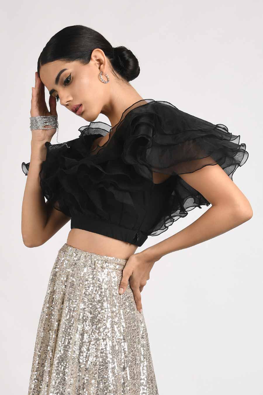 Black Organza Ruffled Crop Top