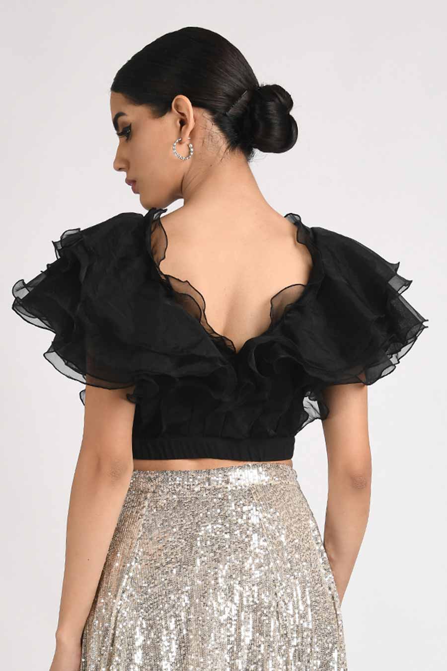 Black Organza Ruffled Crop Top