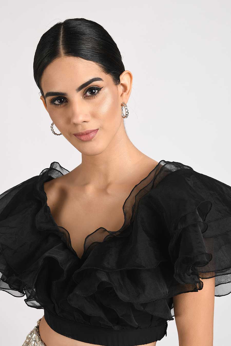 Black Organza Ruffled Crop Top