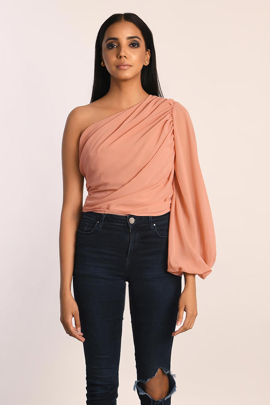 One-Shoulder Opulent Sleeve Blush Top
