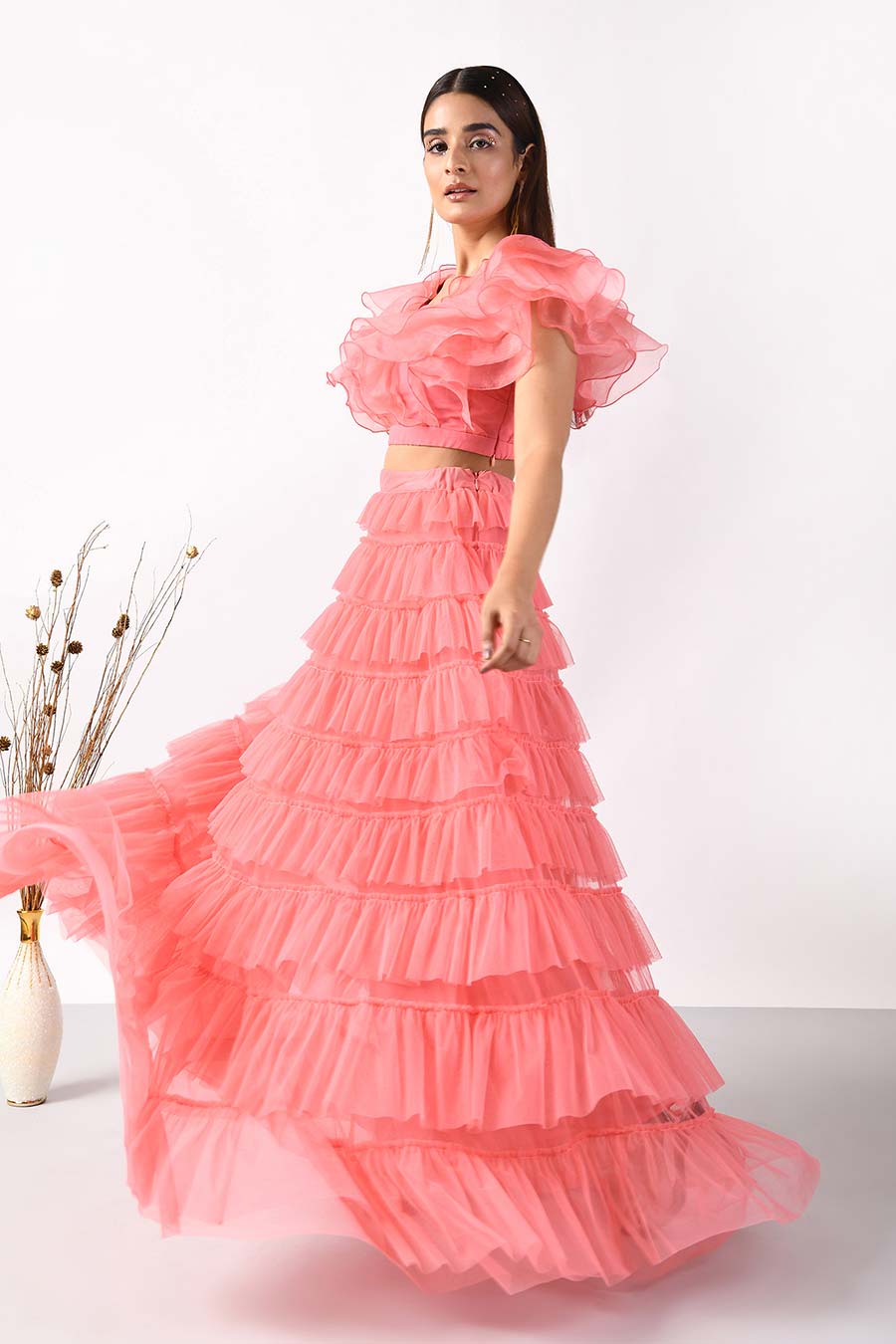 Pink Oversize Ruffles Crop Top