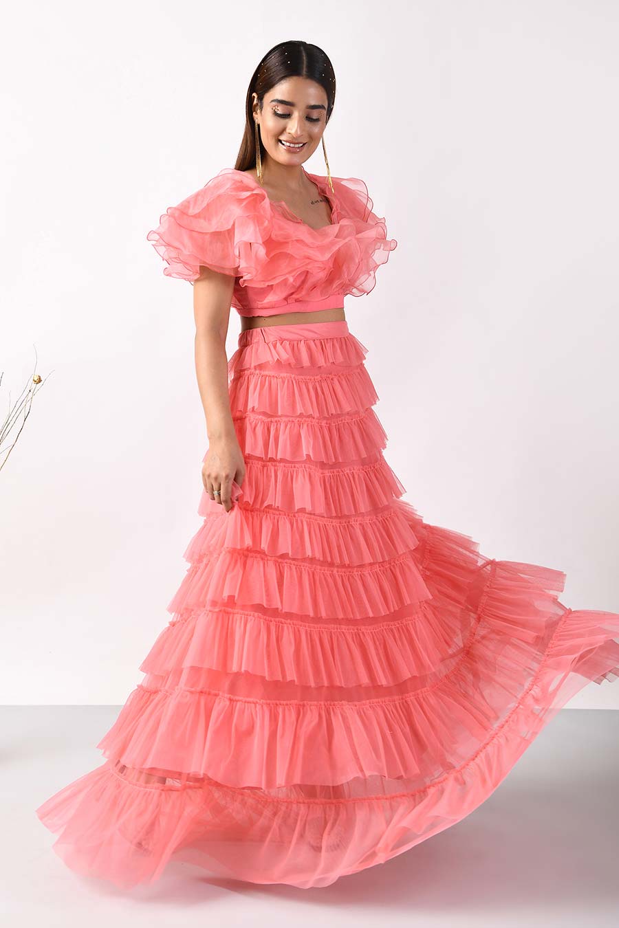 Pink Oversize Ruffles Crop Top