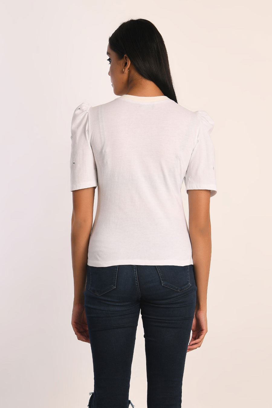 Silver Embellished White Jersey Top