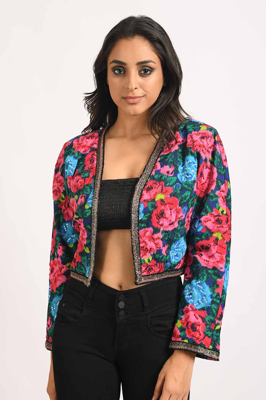 Multicolor Embellished Floral Short Jacket