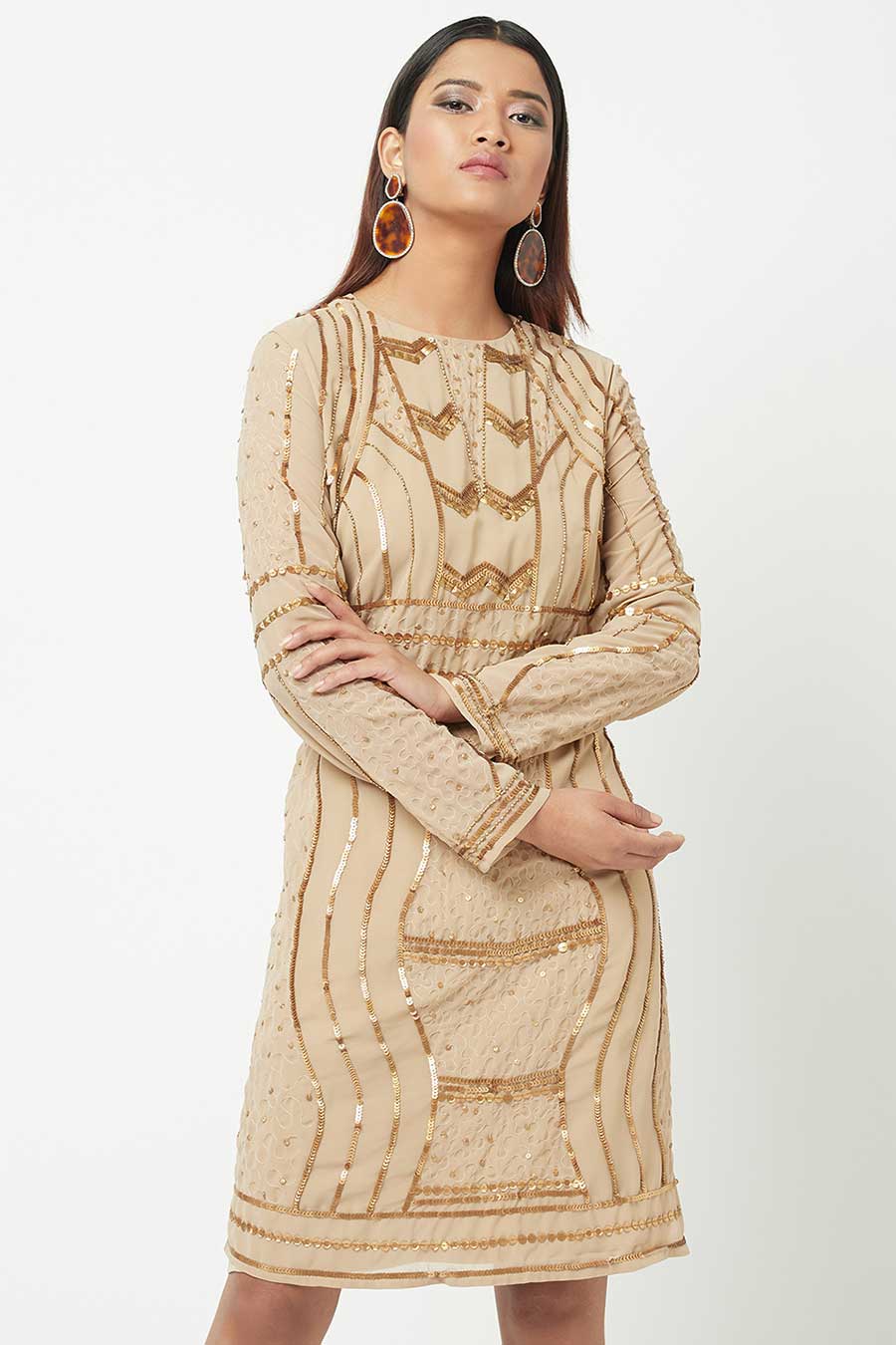 Gold Sequin Embroidered Beige Dress