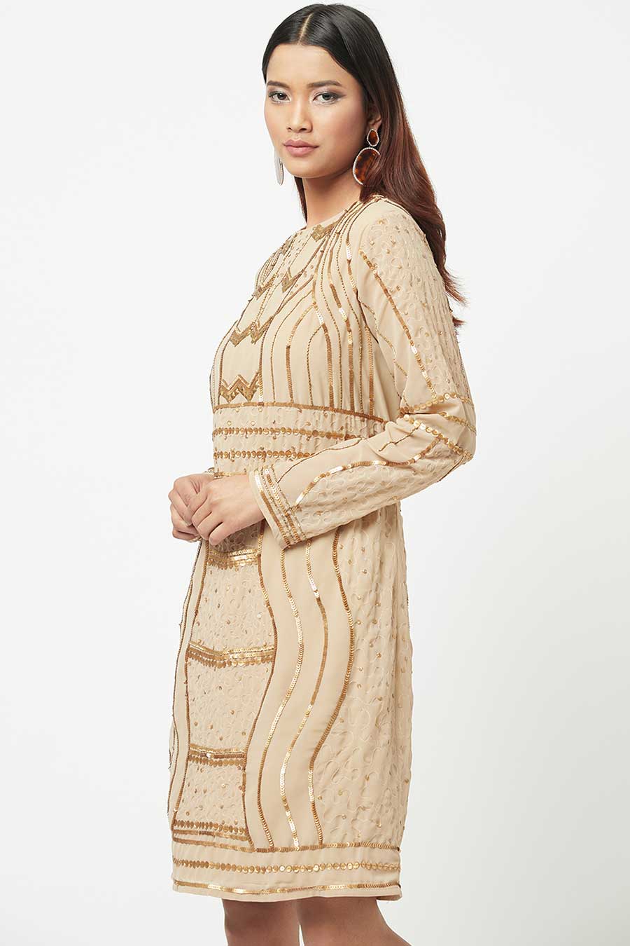 Gold Sequin Embroidered Beige Dress