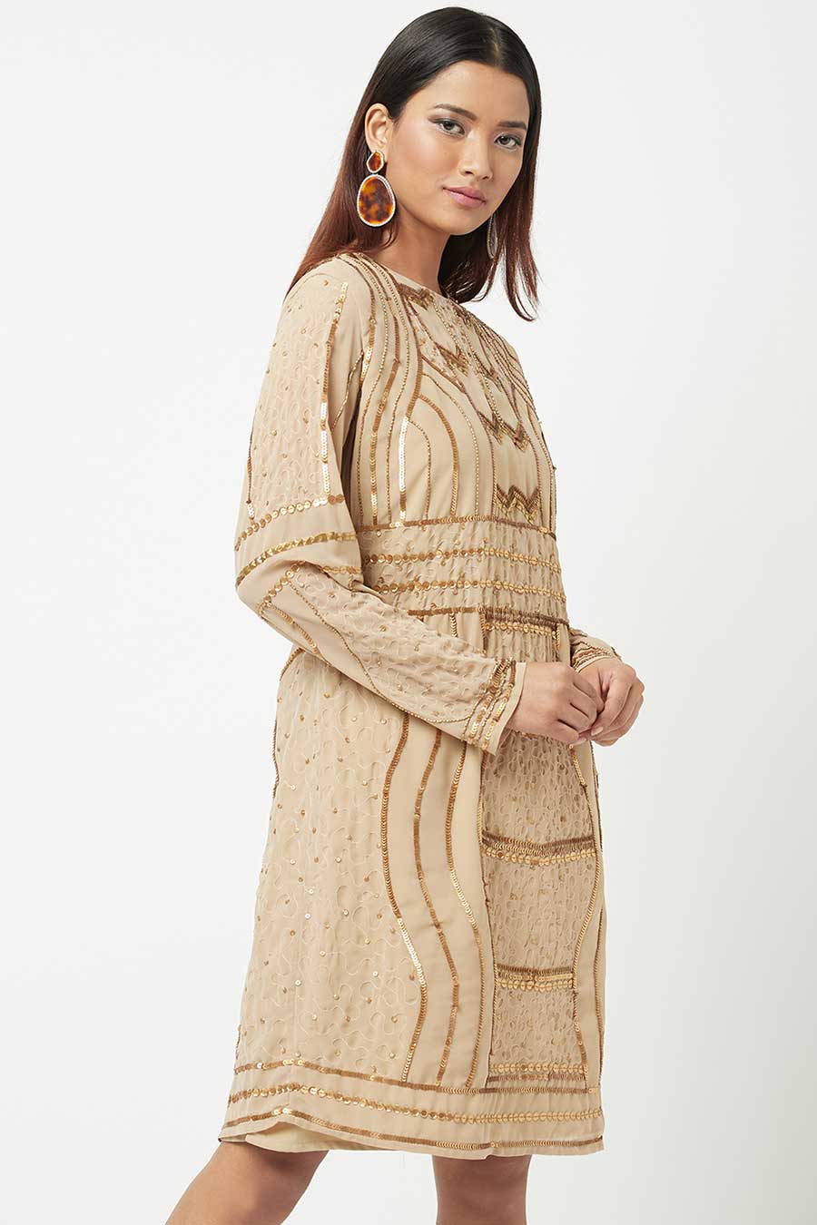 Gold Sequin Embroidered Beige Dress