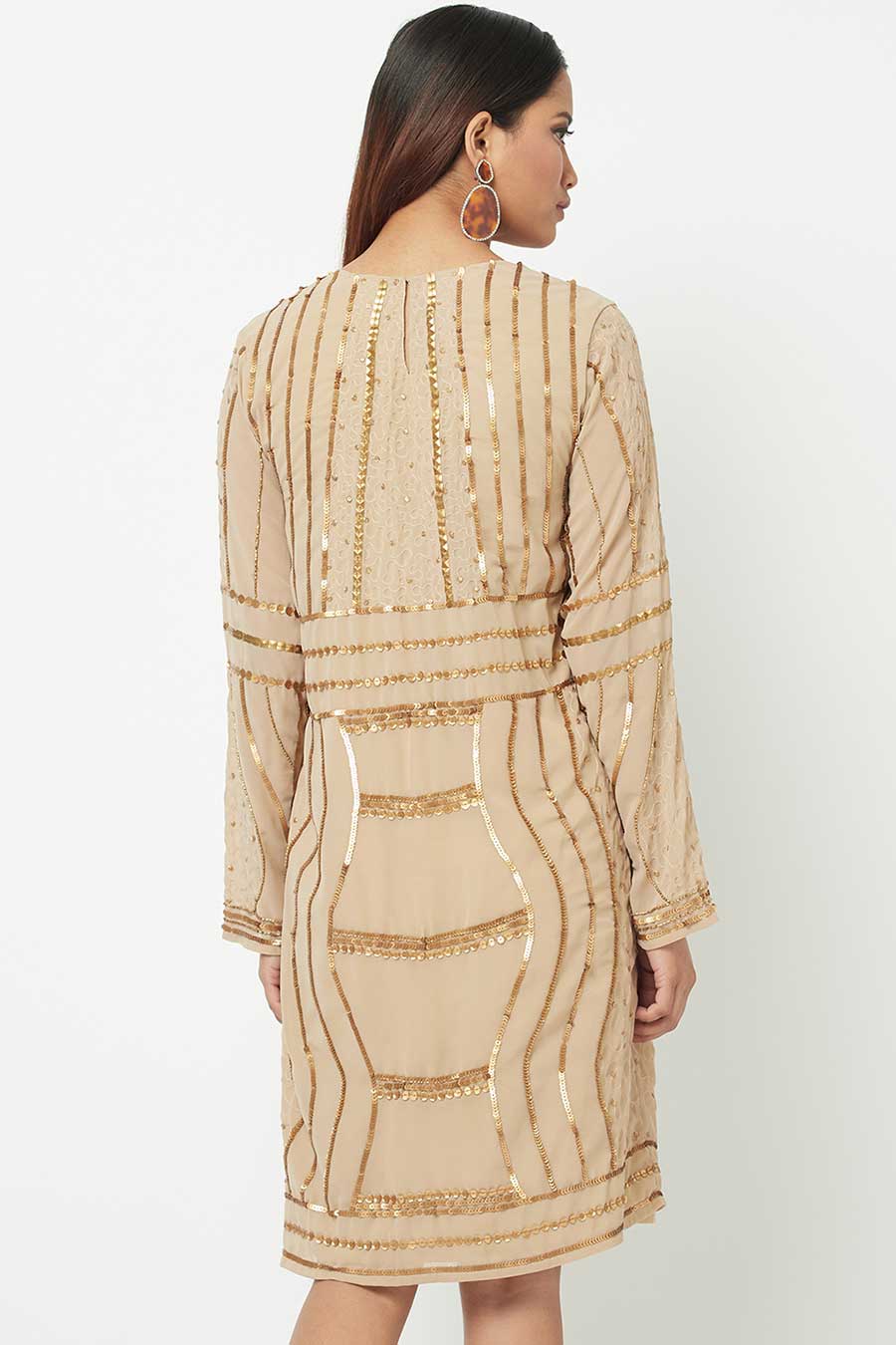 Gold Sequin Embroidered Beige Dress