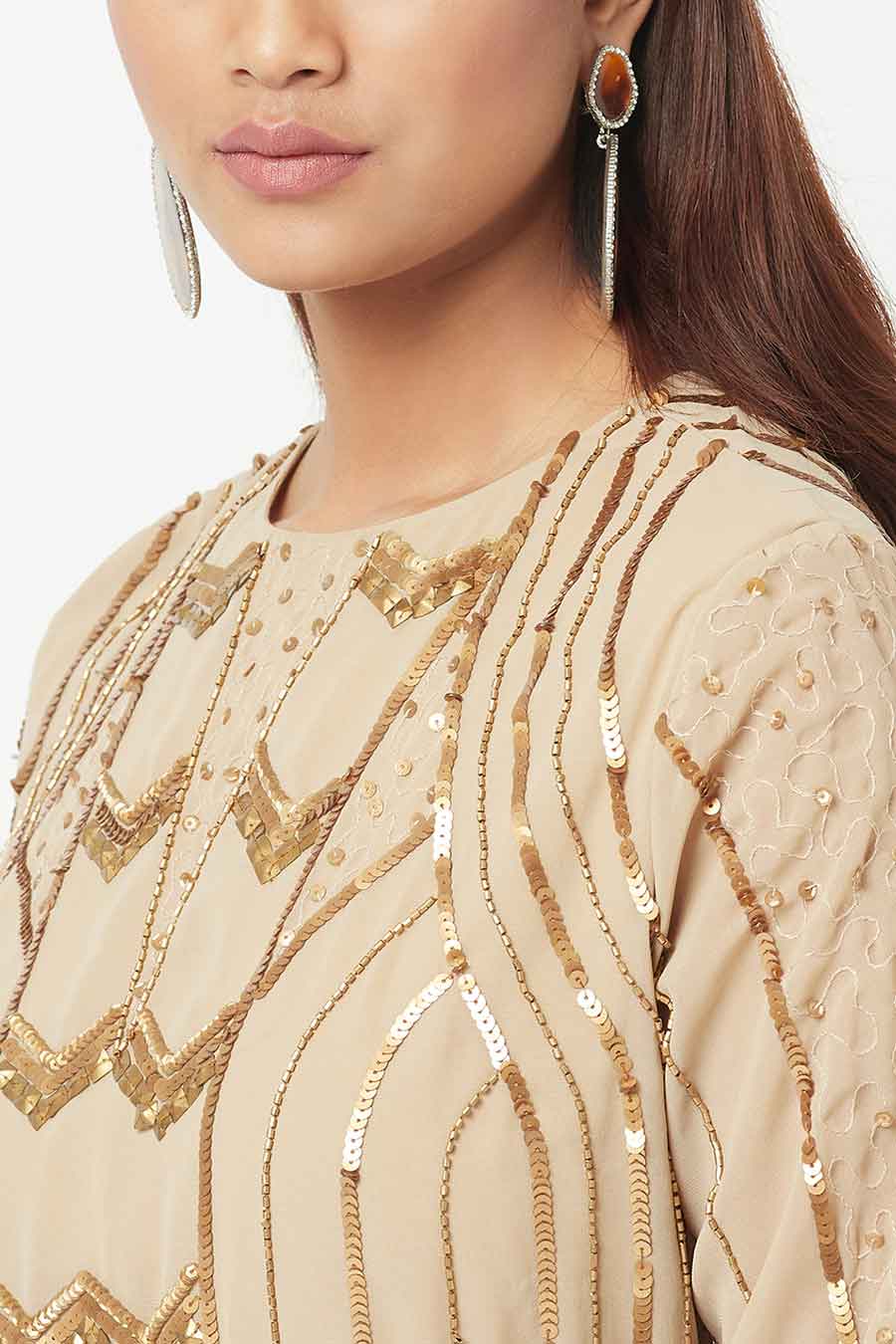Gold Sequin Embroidered Beige Dress