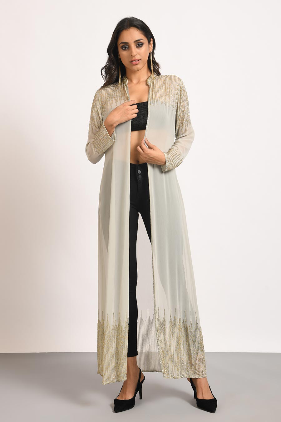 Grey Embellished Long Shrug Overlay