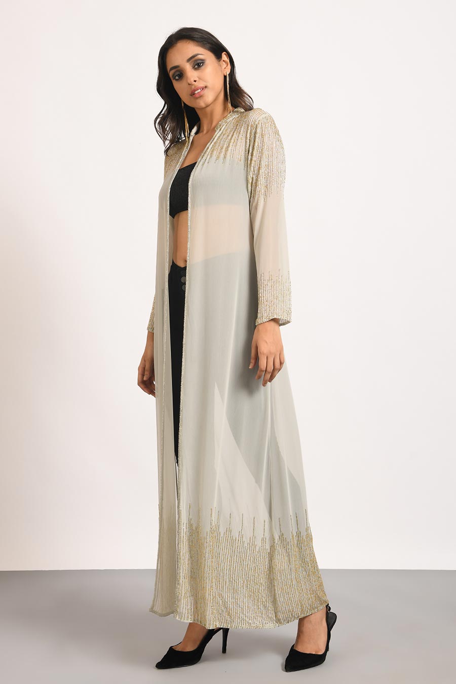 Grey Embellished Long Shrug Overlay