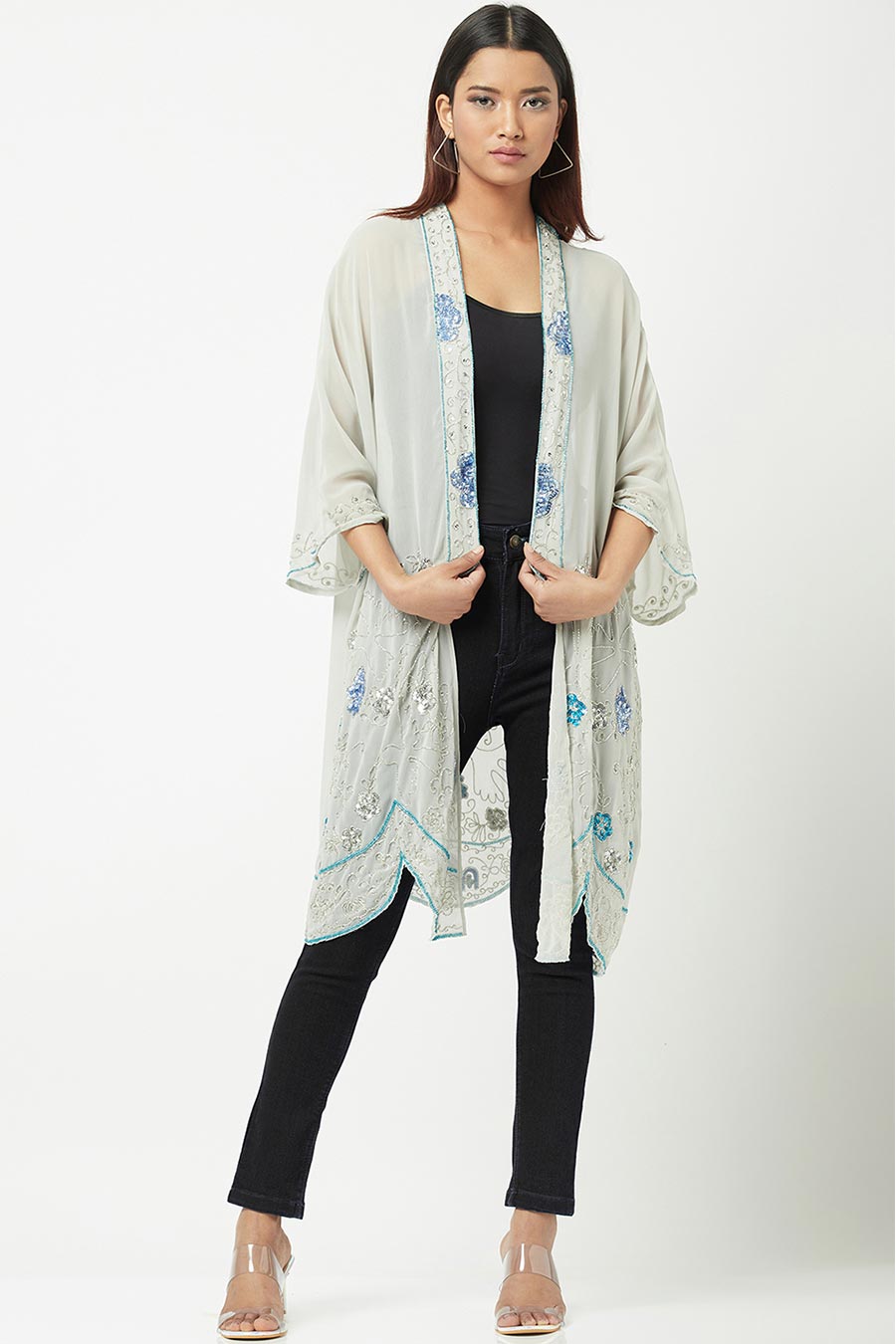 Grey Sequin Embroidered Shrug Overlay