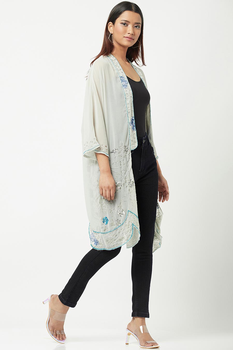 Grey Sequin Embroidered Shrug Overlay