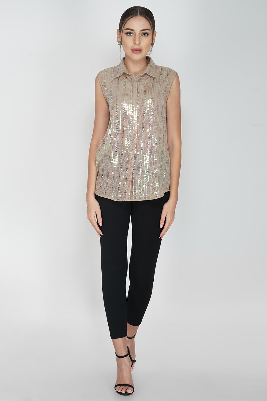 Beige Sequin Embroidered Shirt Top