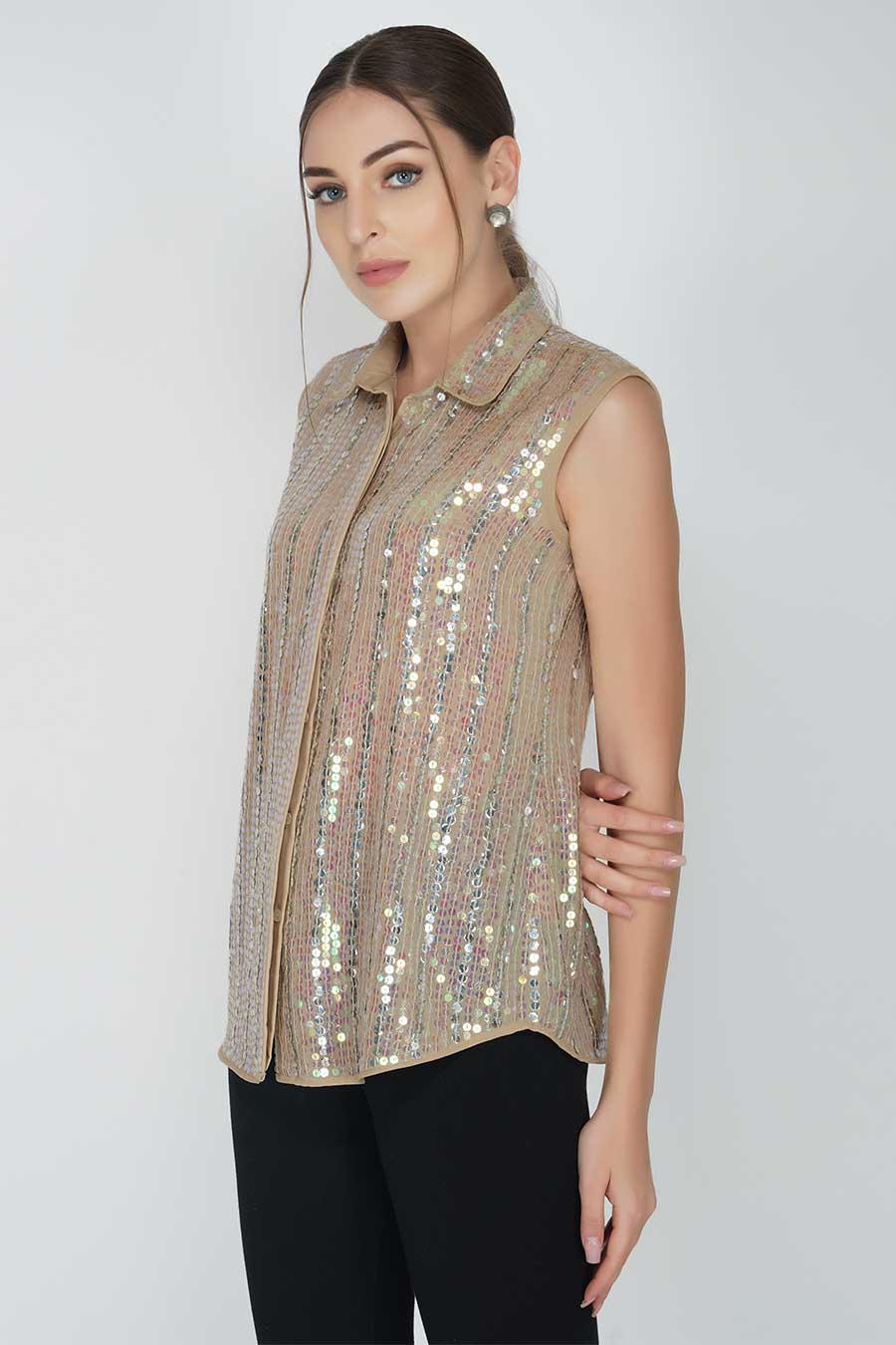 Beige Sequin Embroidered Shirt Top