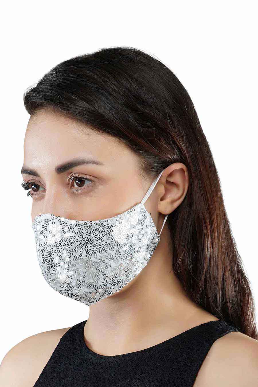 Sequin Embroidered White 3 Ply Mask