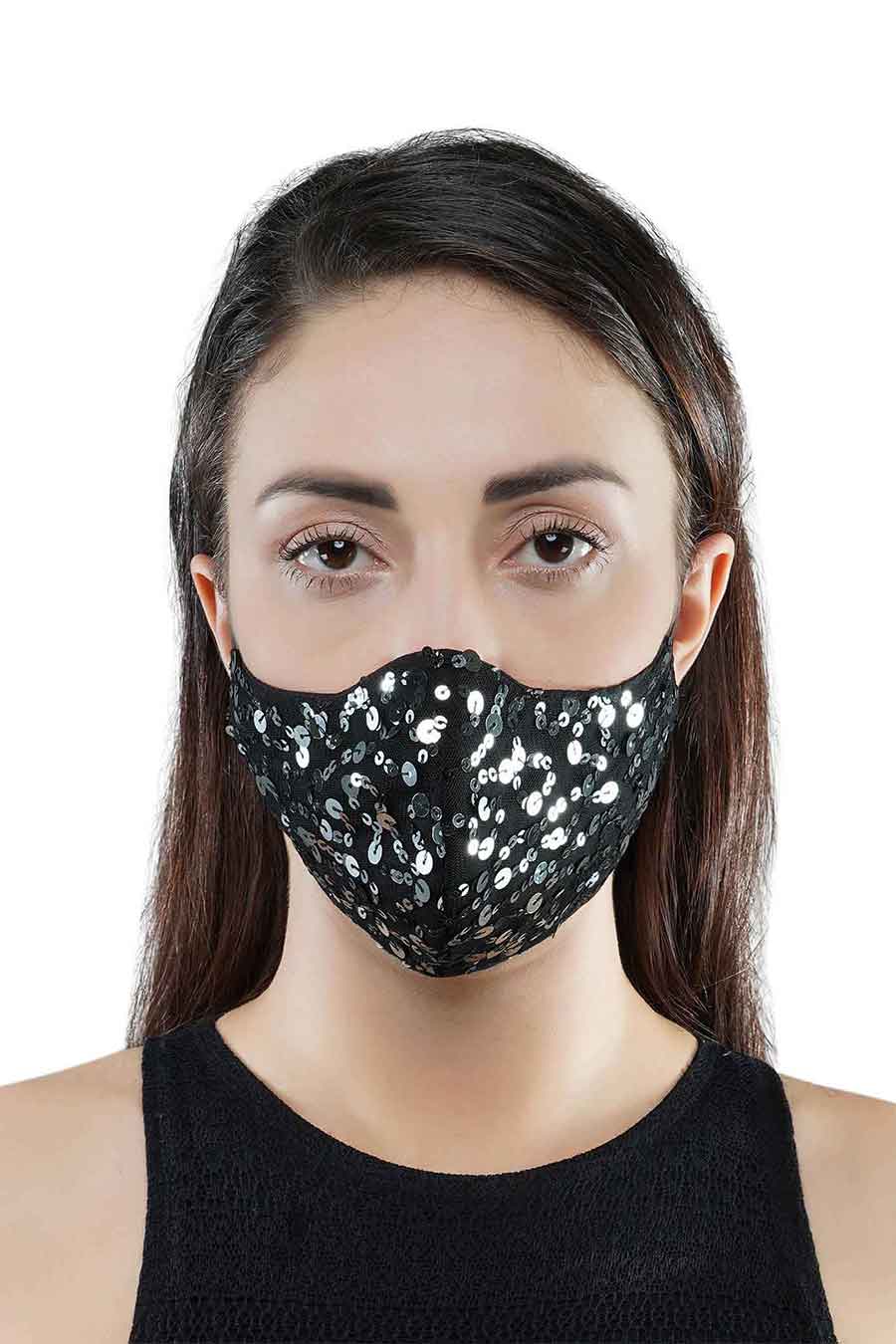 Sequin Embroidered Black 3 Ply Mask