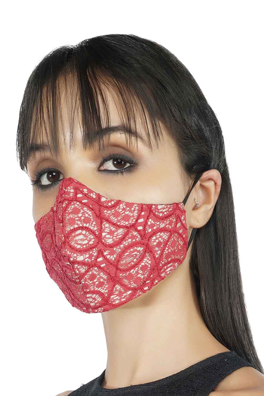 Red Lace With Contrast Lining 3 Ply Mask