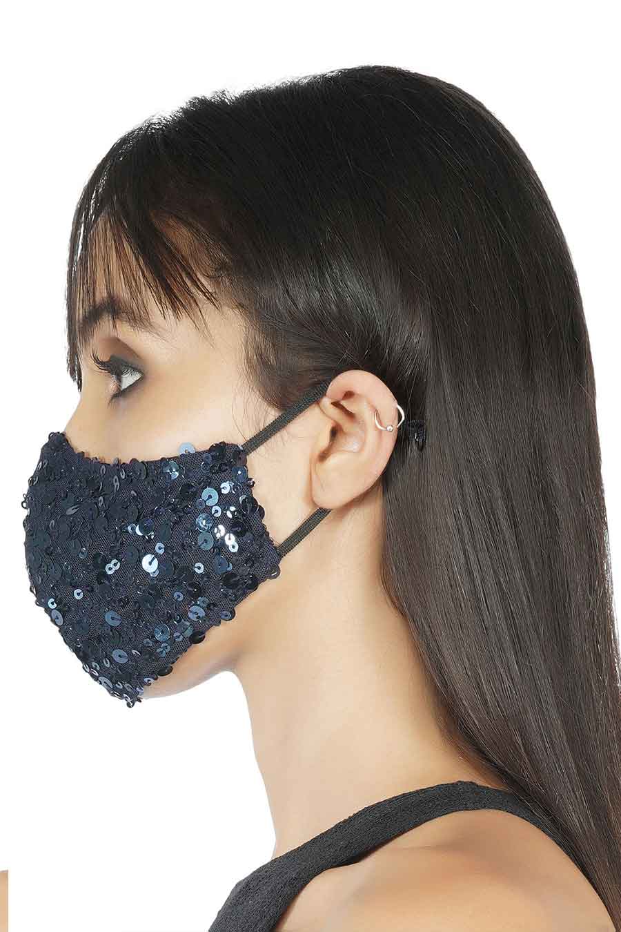 Navy Blue Sequin Embroidered 3 Ply Mask
