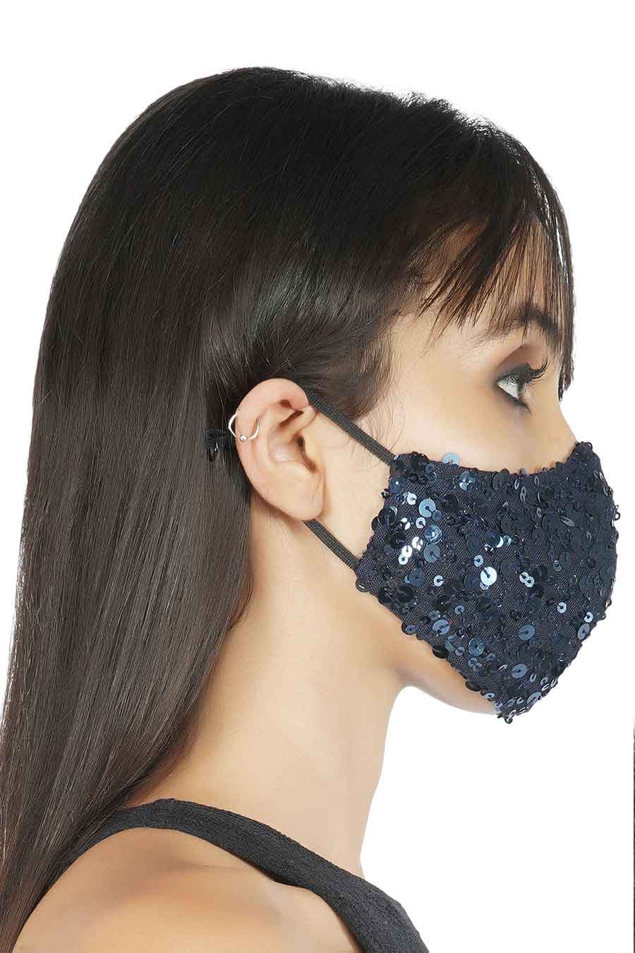 Navy Blue Sequin Embroidered 3 Ply Mask