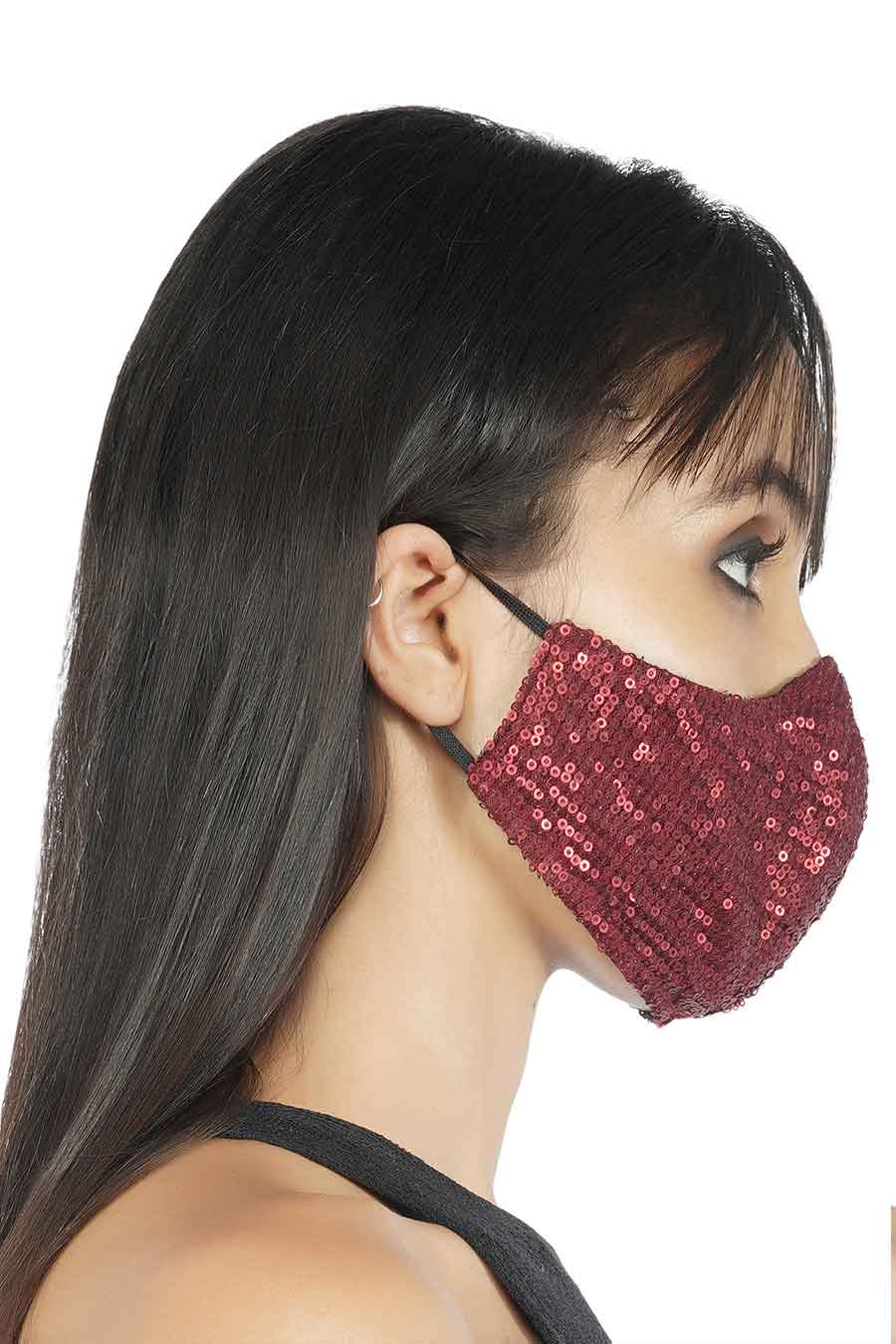 Deep Red Sequin Embroidered 3 Ply Mask