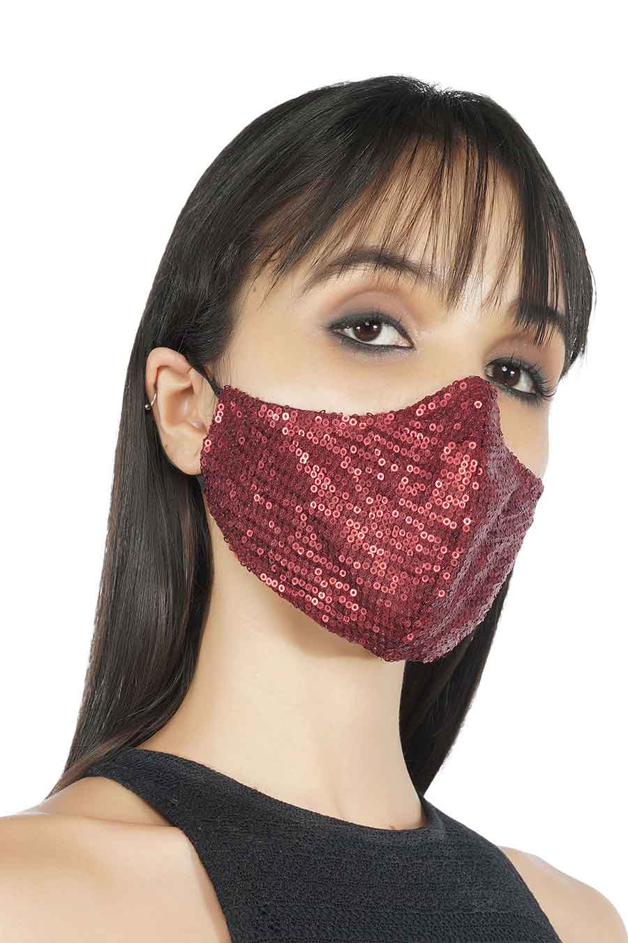 Deep Red Sequin Embroidered 3 Ply Mask