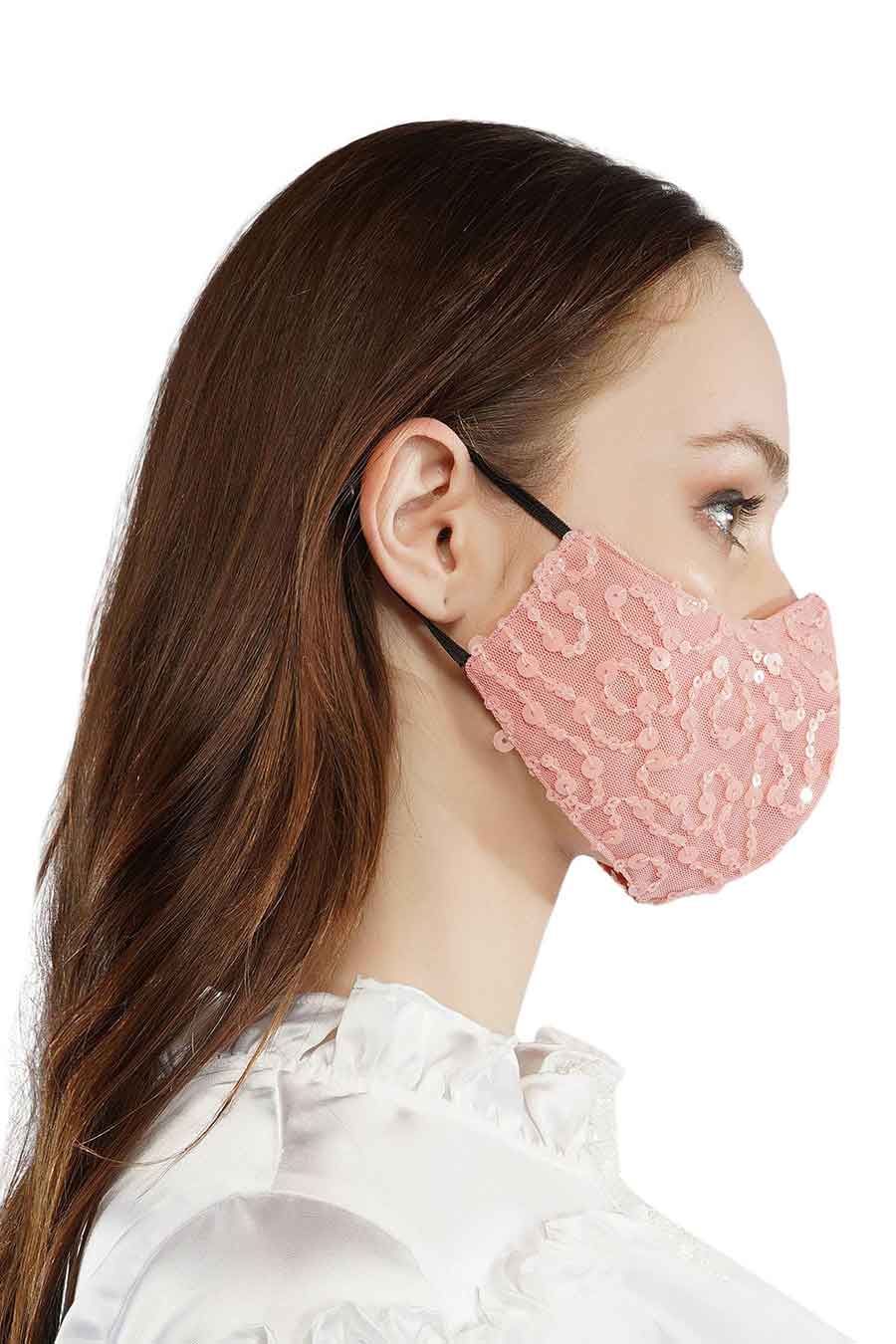 Pink Sequin Embroidered 3 Ply Mask