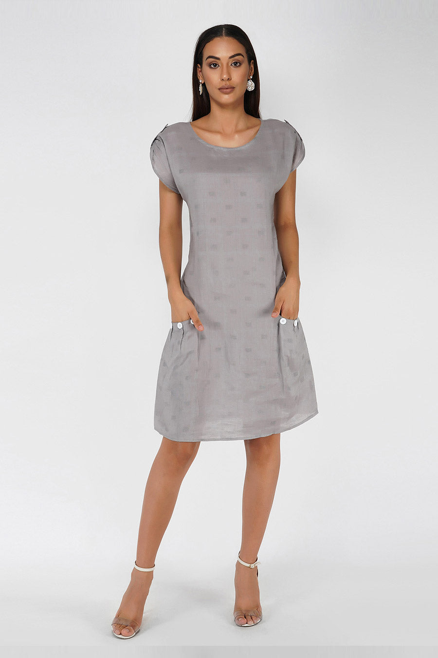 Grey Dobby Linen Midi Dress