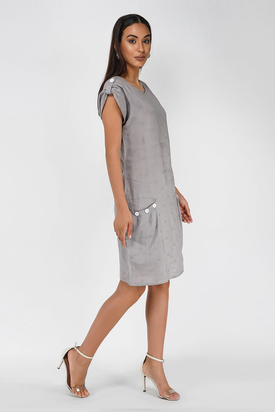 Grey Dobby Linen Midi Dress