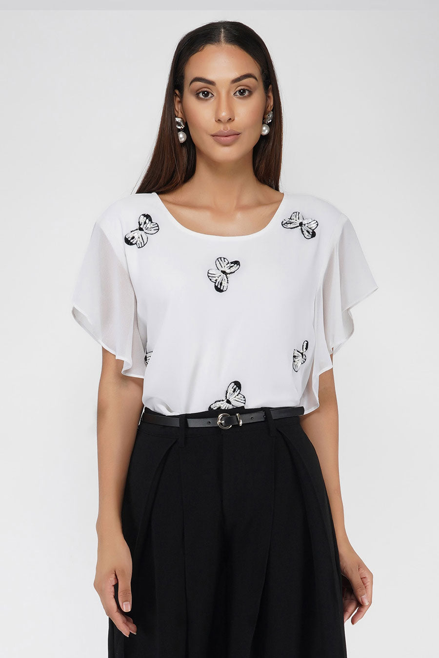 Sequin Butterfly Motif White Top
