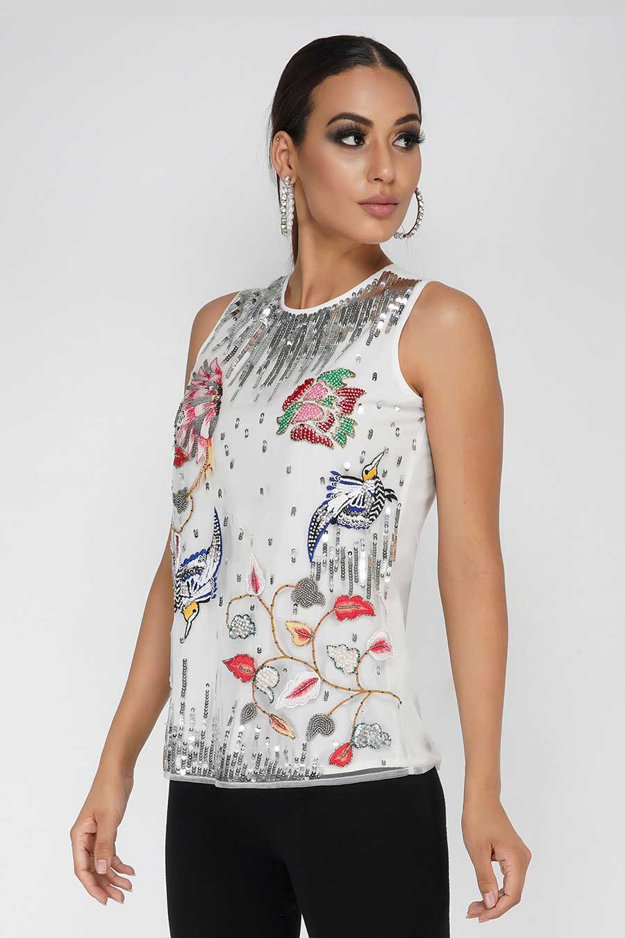 White Tulle Bird & Floral Sequin Top