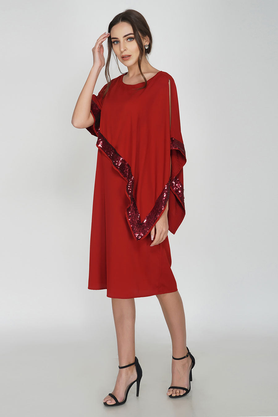 Red Sequin Pop-Over Cape Dress