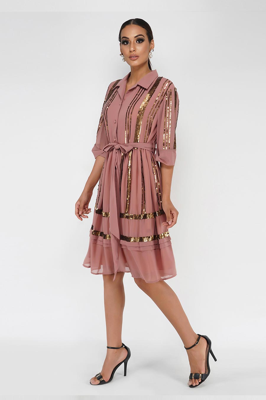 Sequin Embroidered Light Brown Shirt Dress
