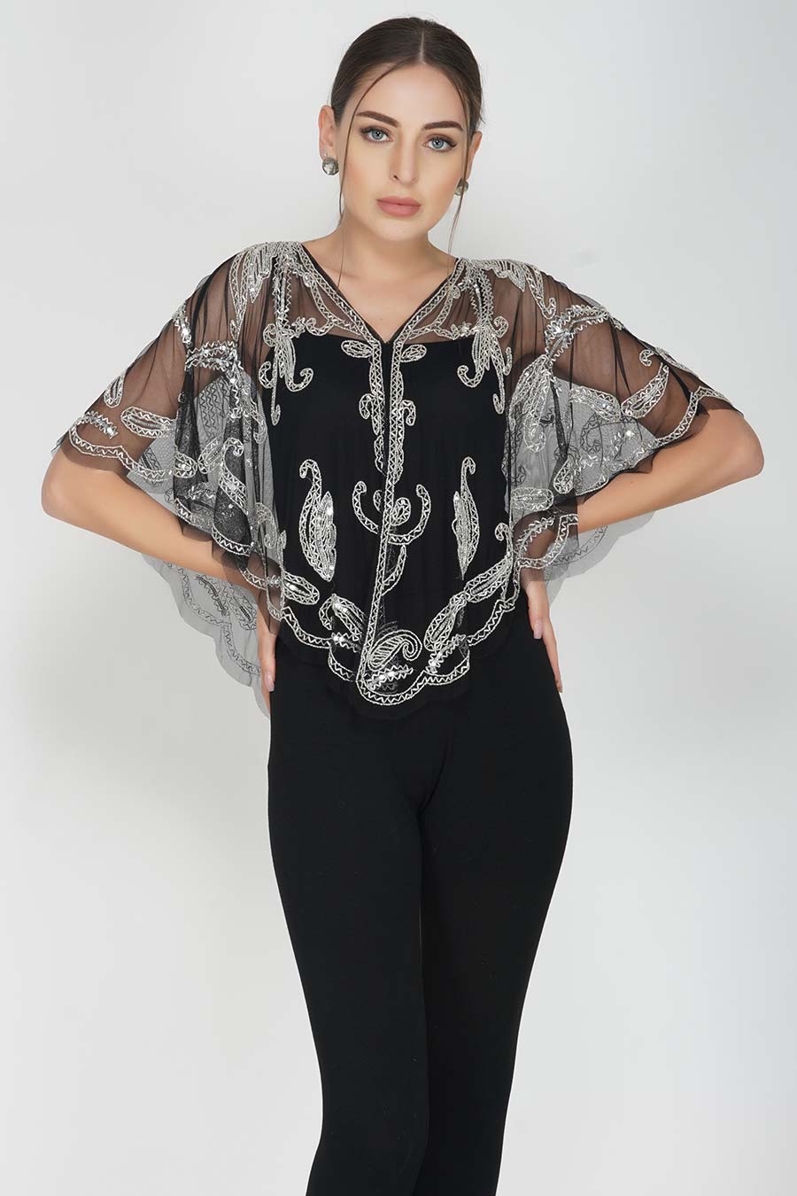 Silver Paisely Embroidered Black Cape