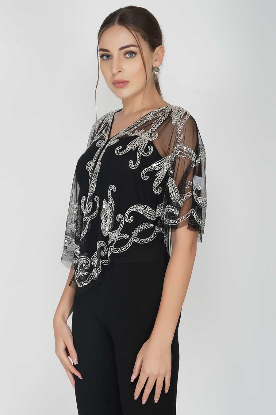 Silver Paisely Embroidered Black Cape
