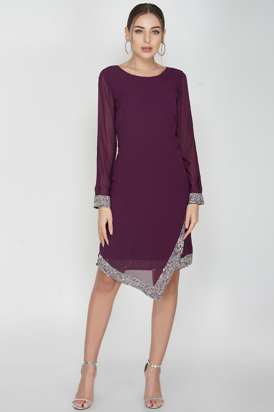 Maroon Asymmetric Cold Sleeve Dress