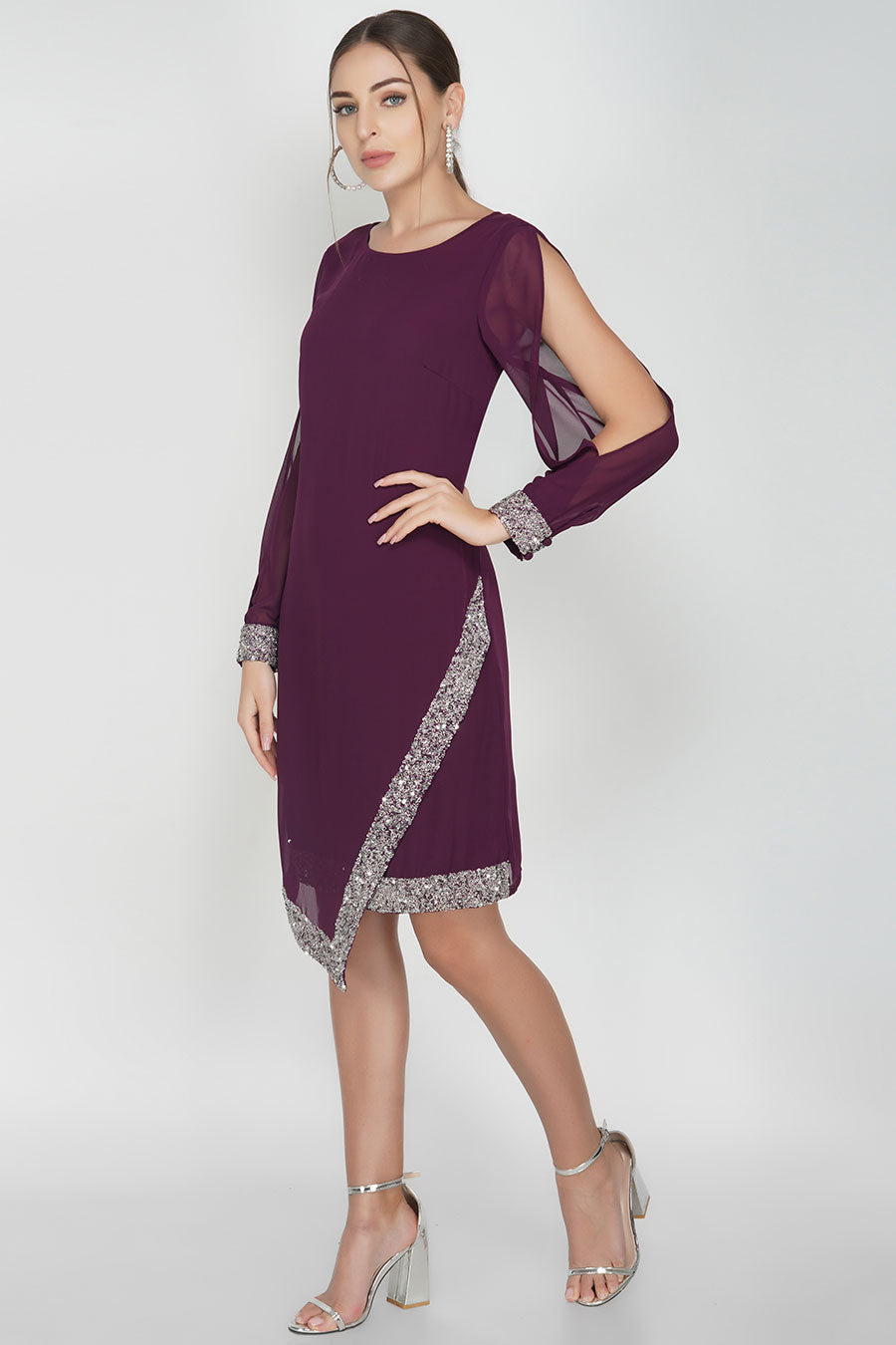 Maroon Asymmetric Cold Sleeve Dress